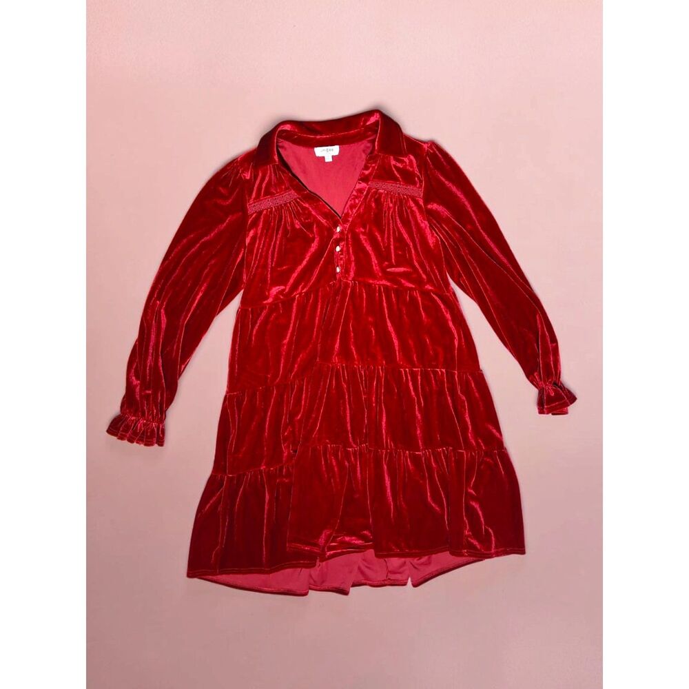 Umgee Red Velvet Tiered Mini Dress Long Sleeve - Size Small